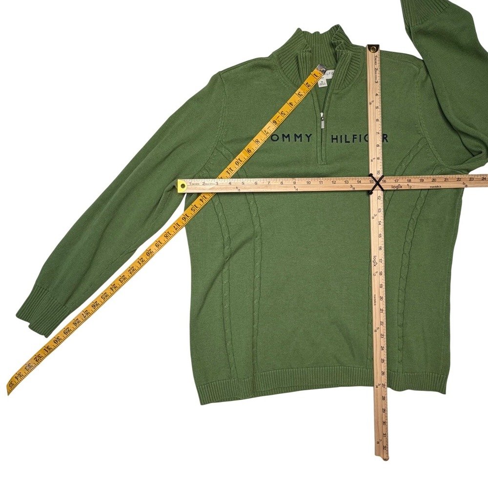 Tommy Hilfiger Y2K Vintage 1/4 Zip Sweater Green 100% Cotton Knit Mock Neck 1X‎ - Picture 7 of 11